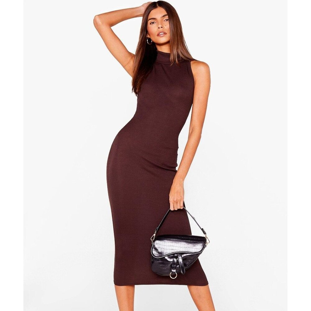 NASTY GAL Brown Bodycon Stretchu Mock Neck Midi Dress Size 10